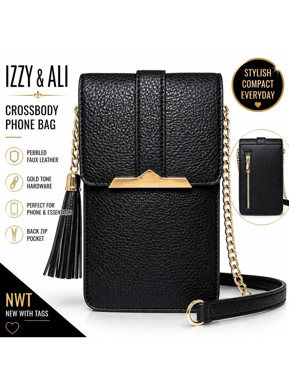IZZY & AIi Black Leather Crossbody Phone Bag NWT Gold Chain Strap Small Purse